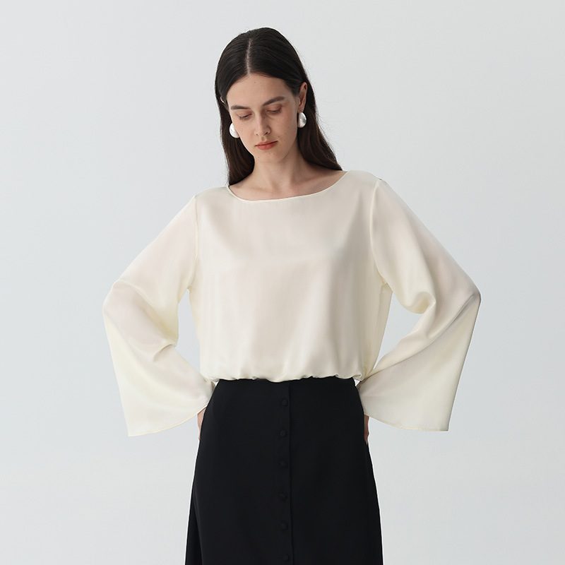 Long Sleeved Plain Crepe Satin Feel Light Luxe Flared Sleeve Silk Top