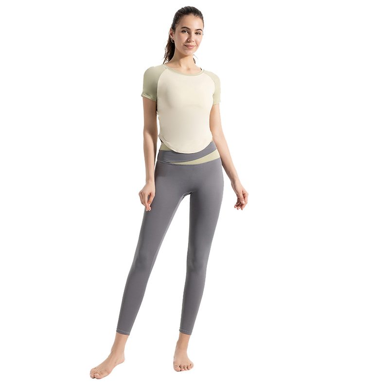 Color-Blocking Quick-Drying High-Elasticity Yoga Outfit Manches Courtes Top Set High-Waisted Tight-Fitting Tummy Control Butt-Lifting Fitness Leggings