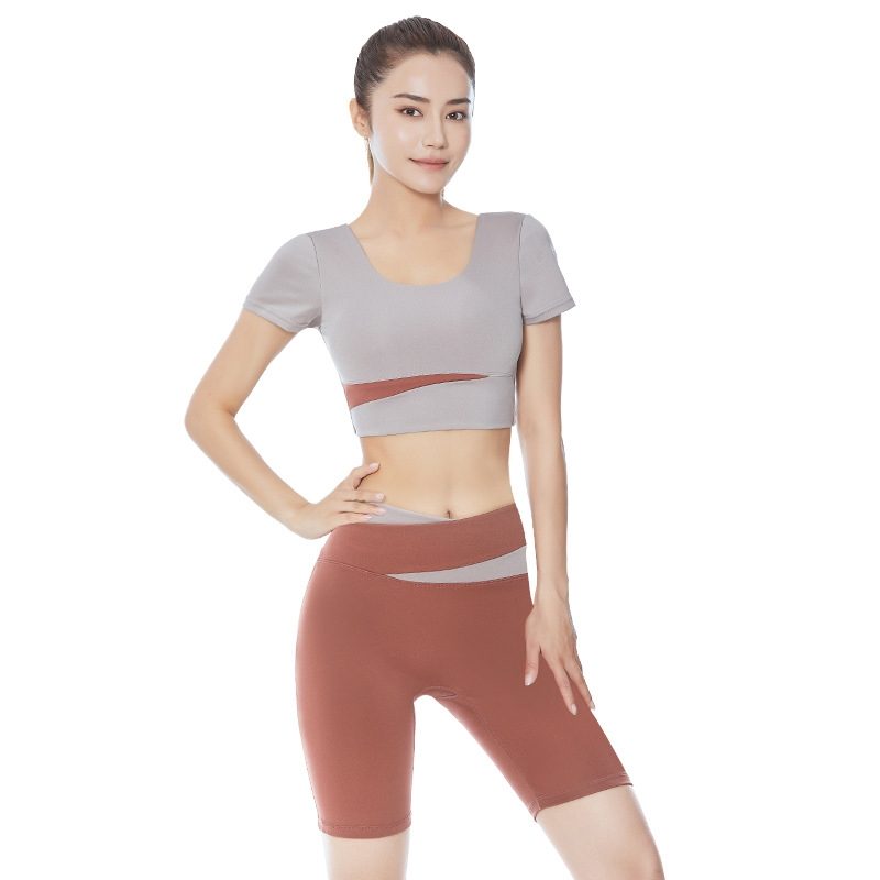 Stitching Fitness Clothing Suit Navel-Exposed Short-Sleeved Suit Taille Haute Hip-Lifting Running Sports Fitness Yoga Clothing Suit