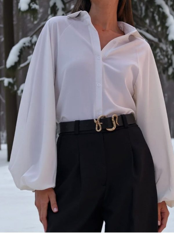 Black-And-White Femme Shirt With A Designer Touch Featuring Lantern Sleevesperfect