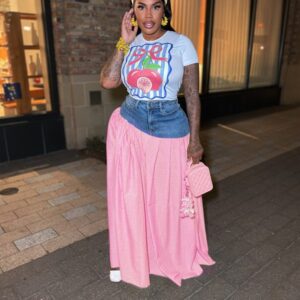 T-Shirt And Denim Patchwork High-Waisted Slit Plaid Jupe Set