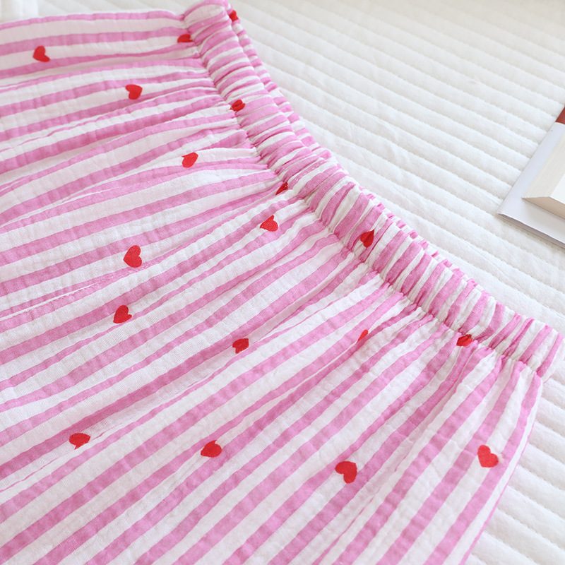 Femme Striped Heart-Print Double-Layer Gauze Loungewear Manches Longues Pajama Set