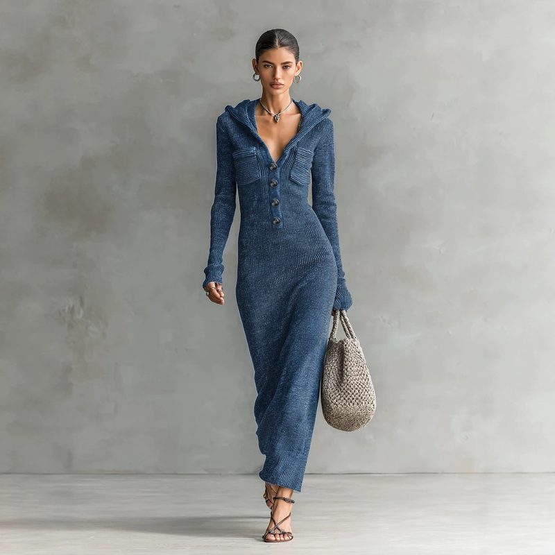 Femme Coupe Ajustée Half-Neck Hooded Knitted Sweater Robe