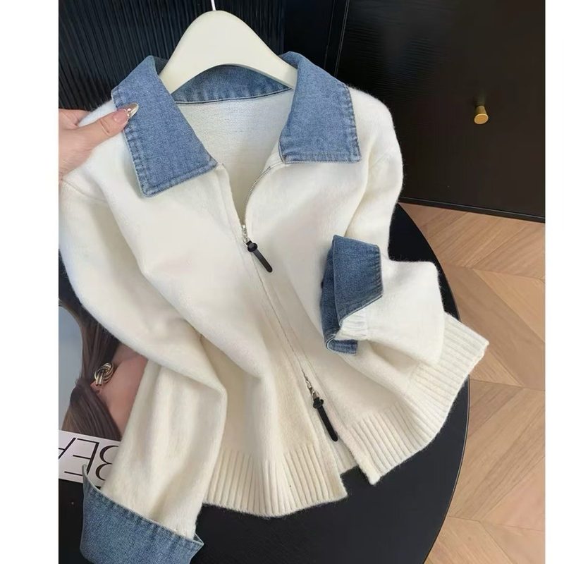 Rétro Denim Panel Knit Cardigan