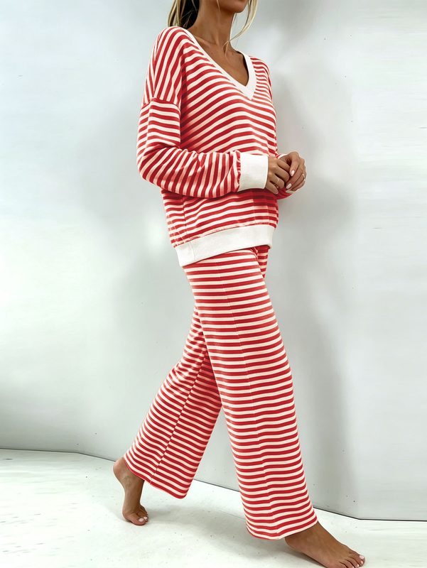 Femme Décontracté Horizontal Striped Loungewear Pajama Set, Col V Manches Longues Ample Pullover Tops Taille Haute Wide Leg Pantalon Soft Sleepwear Outfit