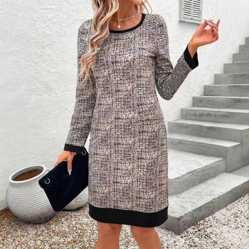 European And American-Style Color-Block Crew-Neck And Chic Manches Longues Femme Robe