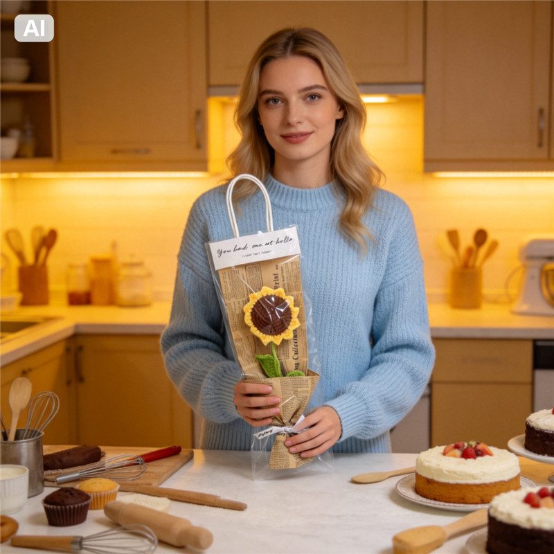 Handmade Crochet Sunflower Single Stem Flower Bouquet, Knitted Everlasting Yarn Artificial Flower With Gift Packaging Sac, Forever Floral Present For Teacher'S Day Birthday Home Desk Decor
