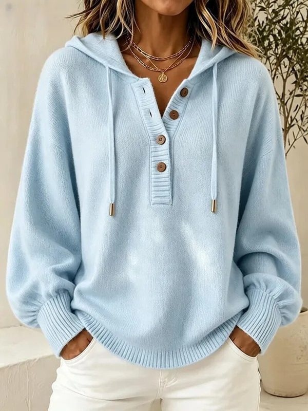 Pull en maille à capuche chic et décontracté, au toucher douillet, orné de boutons et d'un cordon de serrage