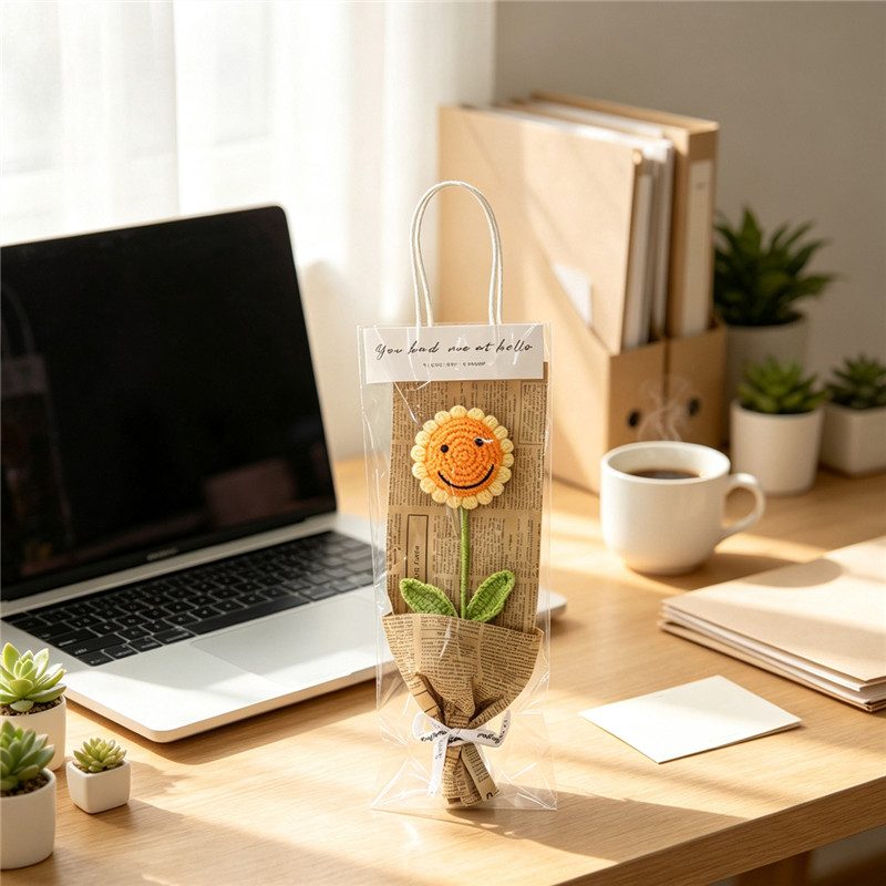 Handmade Crochet Smiley Sunflower Single Flower Bouquet, Knitted Everlasting Yarn Artificial Flower With Gift Packaging Sac, Cute Forever Floral Gift For Teacher'S Day, Birthday, Graduation & Home Tab