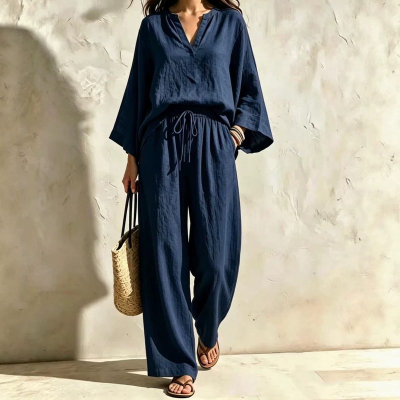 Coupe Ample Col V Manches Longues Top And High-Waisted Pantalon Two-Piece Set