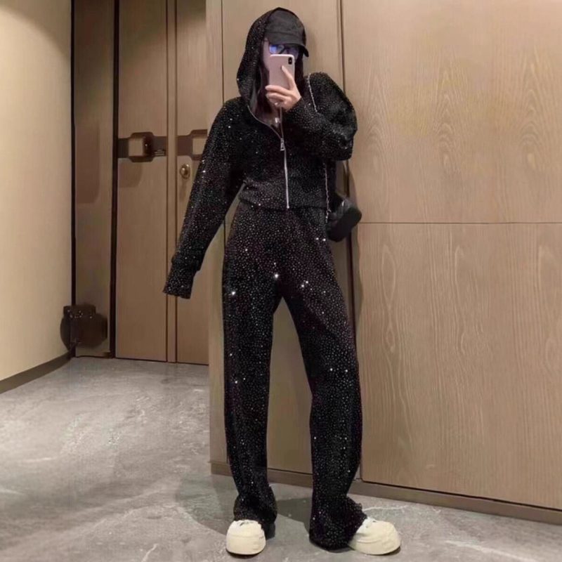 Femme Two-Piece Set Hooded Sweatshirt Veste And Wide-Leg Pantalon