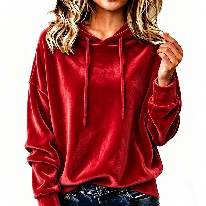 Hooded Drawstring Velvet Uni-Color Manches Longues Top