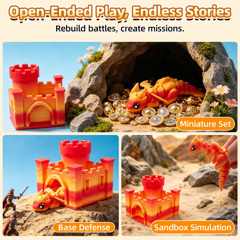 3D Imprimé Dragon & Castle Set, Articulated Mini Dragon With Castle, Desk Decor, Car Decor, Gift Idea