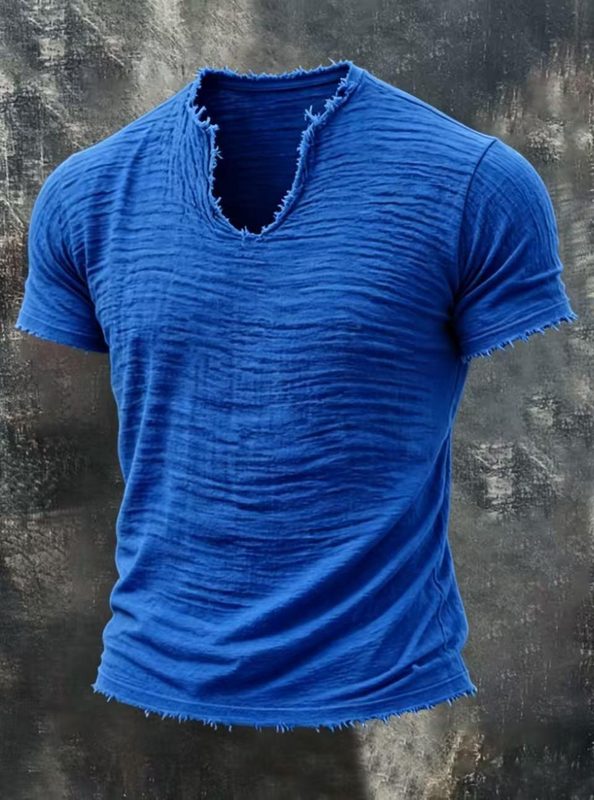 Rétro Cotton-Linen T-Shirt With Feathered Hem And A Distinctive Col V Short Sleeves