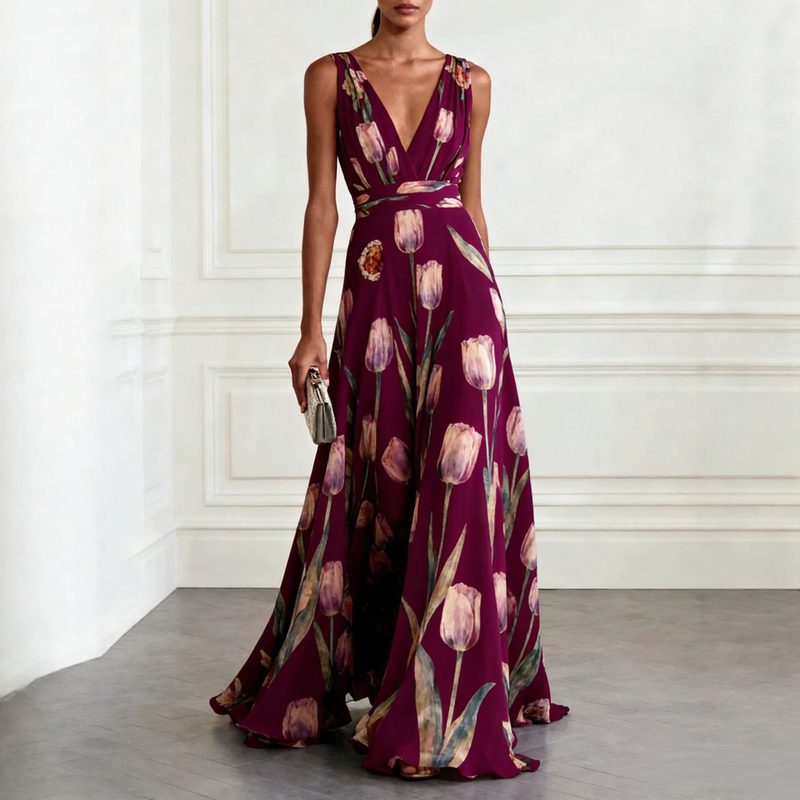 Cross-Border European And American , French-Style Robe, Imprimé Vacation Col V Summer Maxi Robe