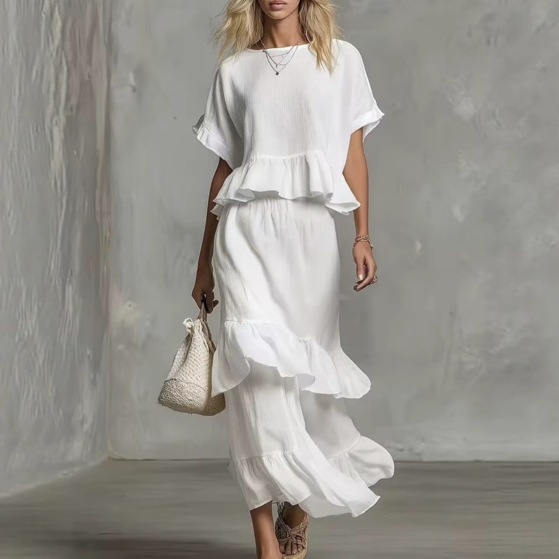 Femme Ruffled-Top Blouse And Jupe Two-Piece Set