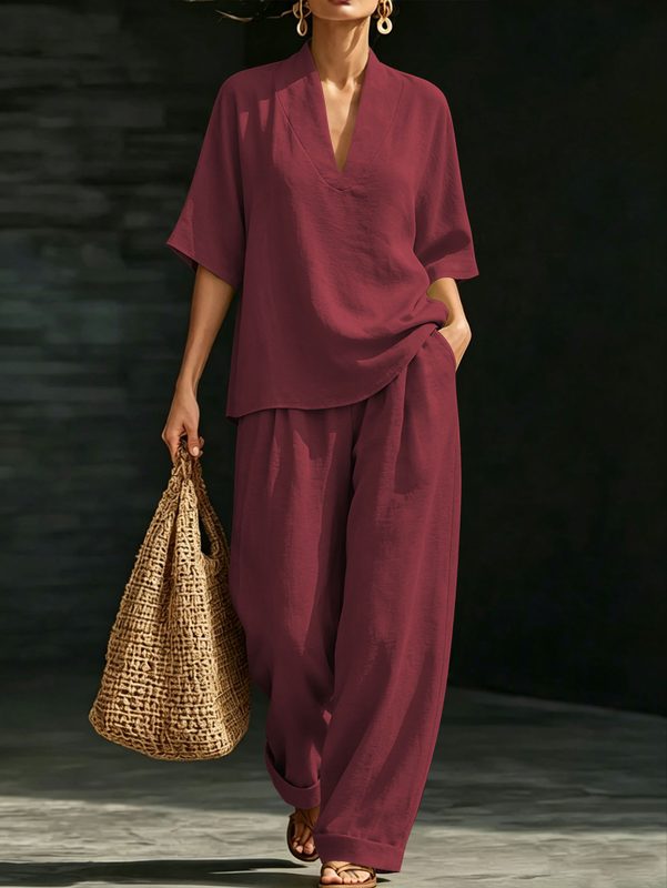Femme Summer Two Piece Outfit, Col V Manches Courtes Ample Blouse Taille Haute Cuffed Wide Leg Pantalon Décontracté Travel Beach Matching Set