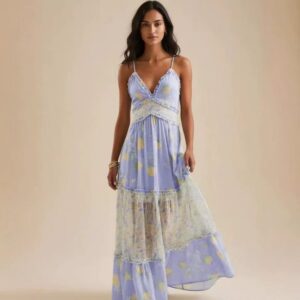 Strap Col V Floral Ruffled Chiffon Robe