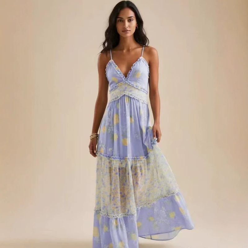 Strap Col V Floral Ruffled Chiffon Robe