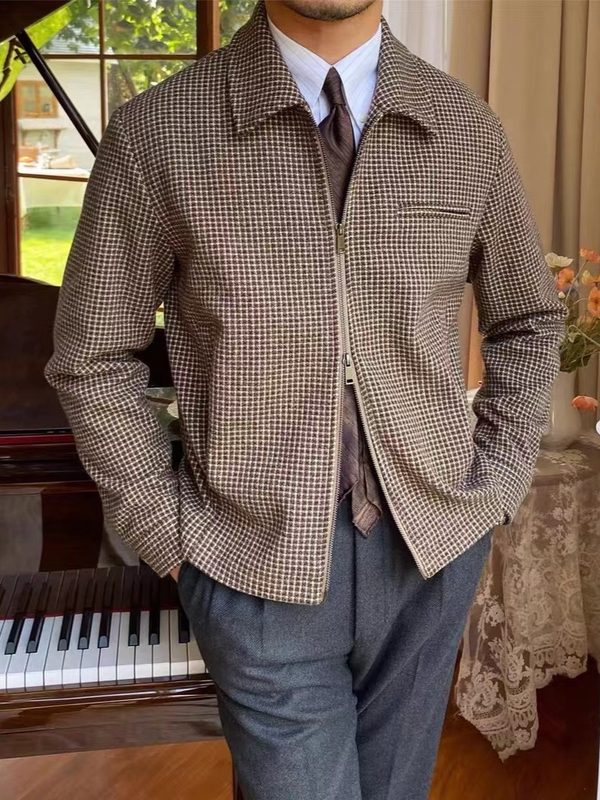 Rétro Zipped Coupe Ample Houndstooth Décontracté Manteau Rétro Waist-Cinching Lapel Décontracté Warm Veste