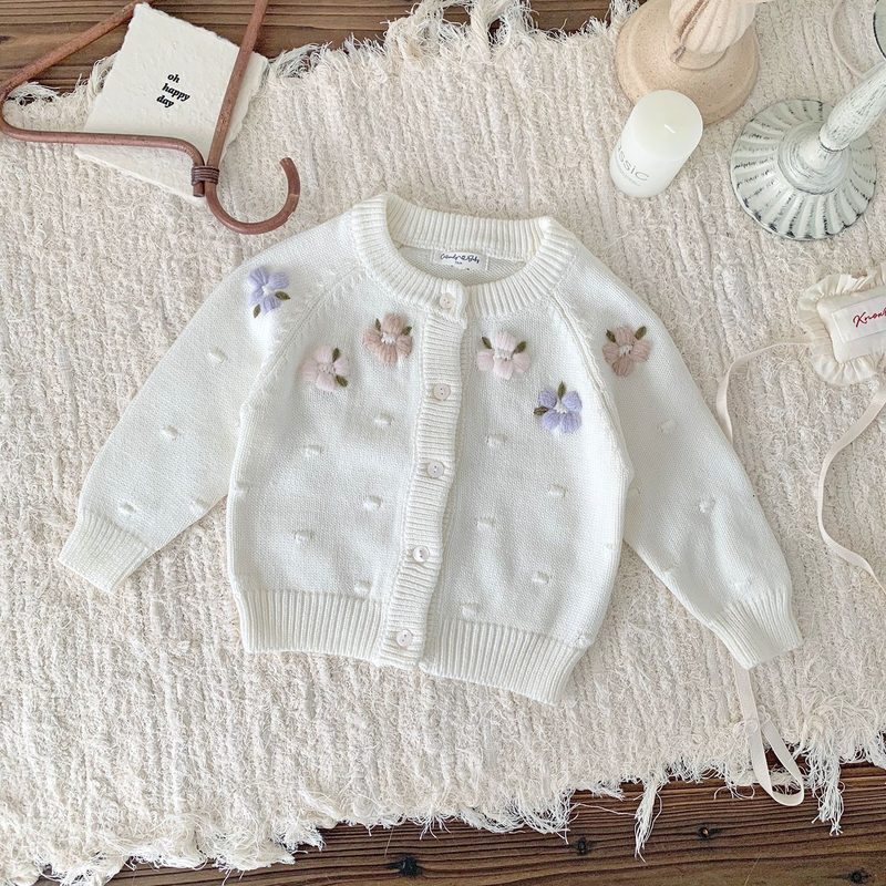 Fille Embroidered Raglan-Sleeve Polka-Dot Floral Cardigan