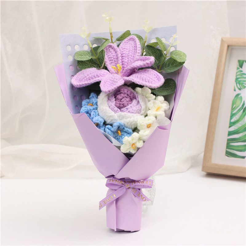 Handmade Crochet Knitted Bouquet, Purple Lily & Gradient Rose Everlasting Yarn Flowers, Aesthetic Floral Ornament For Home Decor And Holiday Gifts