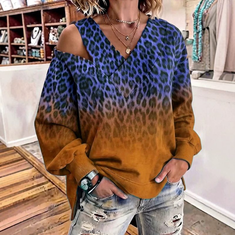 Top Fluide Femme à Manches Longues, Motif Léopard Dégradé, Encolure en V et Épaules Dénudées