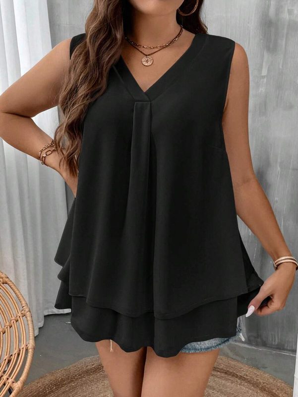 Nouveau Top Sans Manches en Mousseline, Col V Uni, Coupe Ample, Esprit Euro-Américain