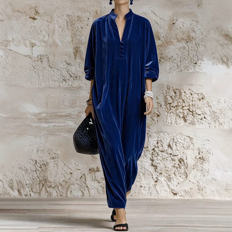 Robe ample femme style rétro, col montant et décolleté en V, manches longues